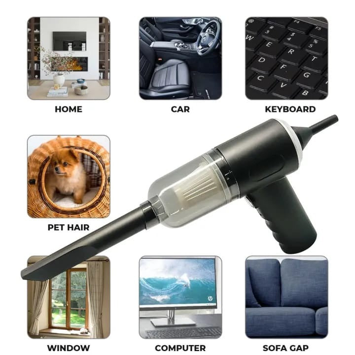 Black handheld vacuum cleaner with various cleaning applications shown around it.
