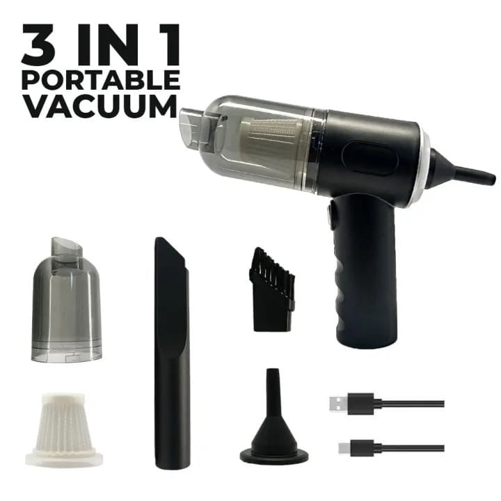 3-in-1 portable vacuum cleaner with attachments on a white background