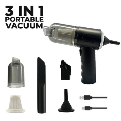 3-in-1 portable vacuum cleaner with attachments on a white background