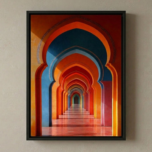 Framed Canvas Wall Art | Infinite Islamic Arches Corridor | Traditional Heritage Design with Hollow Frame