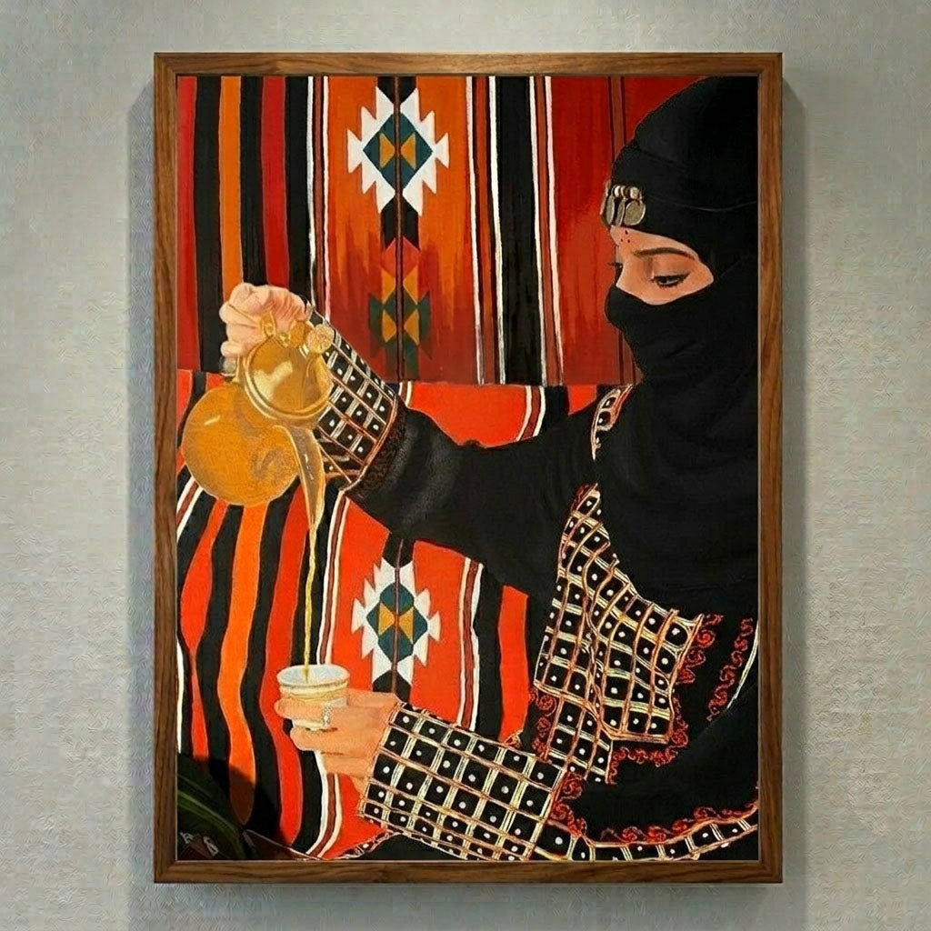 Framed Canvas Wall Art | Arabian Coffee Pouring Ritual | Traditional Heritage Design with Hollow Frame