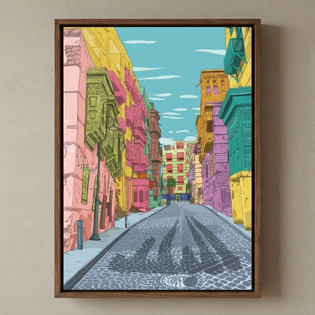 Framed Canvas Wall Art | Al-Balad Colorful Alley | Traditional Heritage Design with Hollow Frame