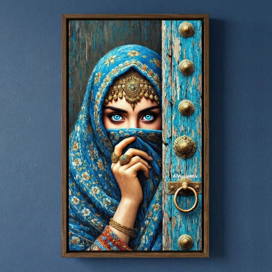 Framed Canvas Wall Art | Blue-Eyed Arabian Beauty | Traditional Heritage Design with Hollow Frame